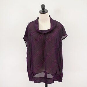 Apostrophe Sheer Purple Plaid Rolled Neck Poncho Blouse Top Sleeveless XL Polyes